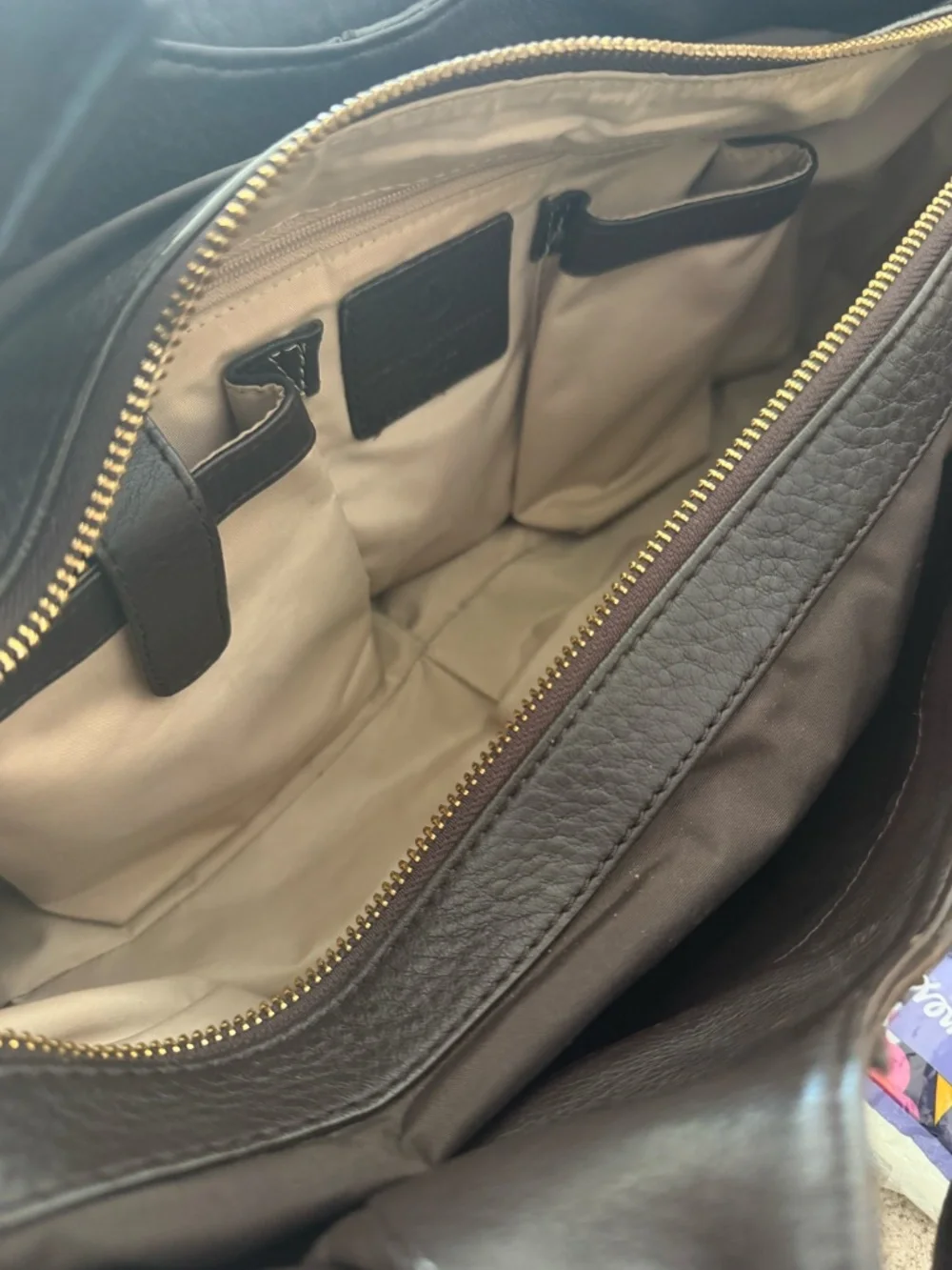 Cole Haan Dark brown Pebbled Leather Equestrian Hobo Bag with Gold Hardware